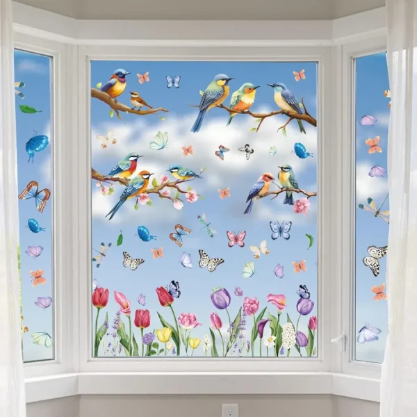 76PCS Window Clings Decals Flower Hummingbirds